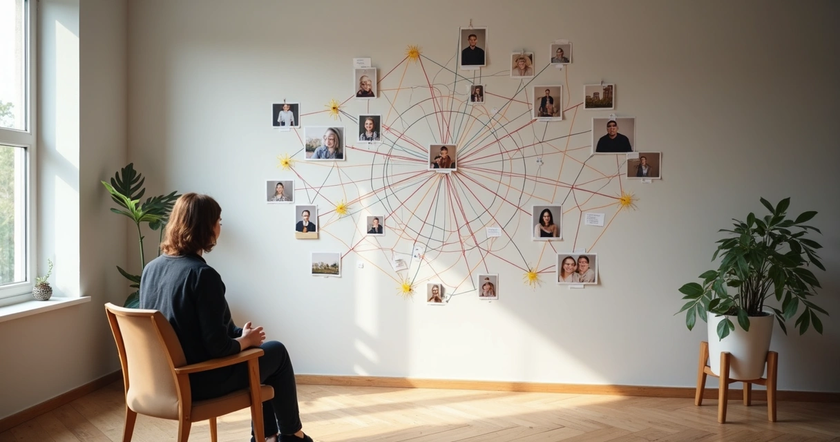 Pessoa observando conexões sistêmicas em uma parede com linhas ligando fotos e símbolos 
