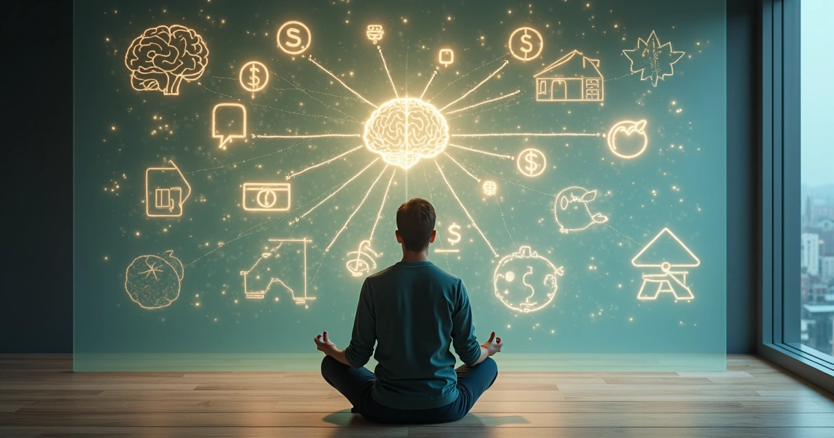 Pessoa meditando diante de mural com símbolos de dinheiro e mente integrada 