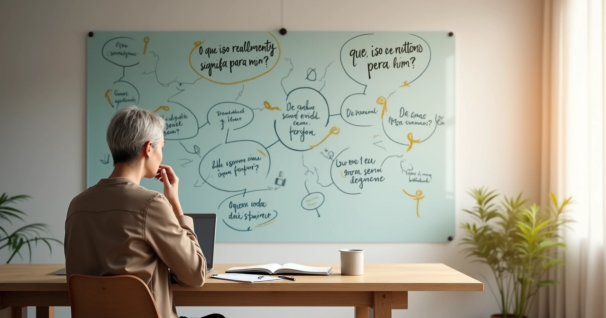 Pessoa refletindo diante de mural com perguntas e conexões mentais 