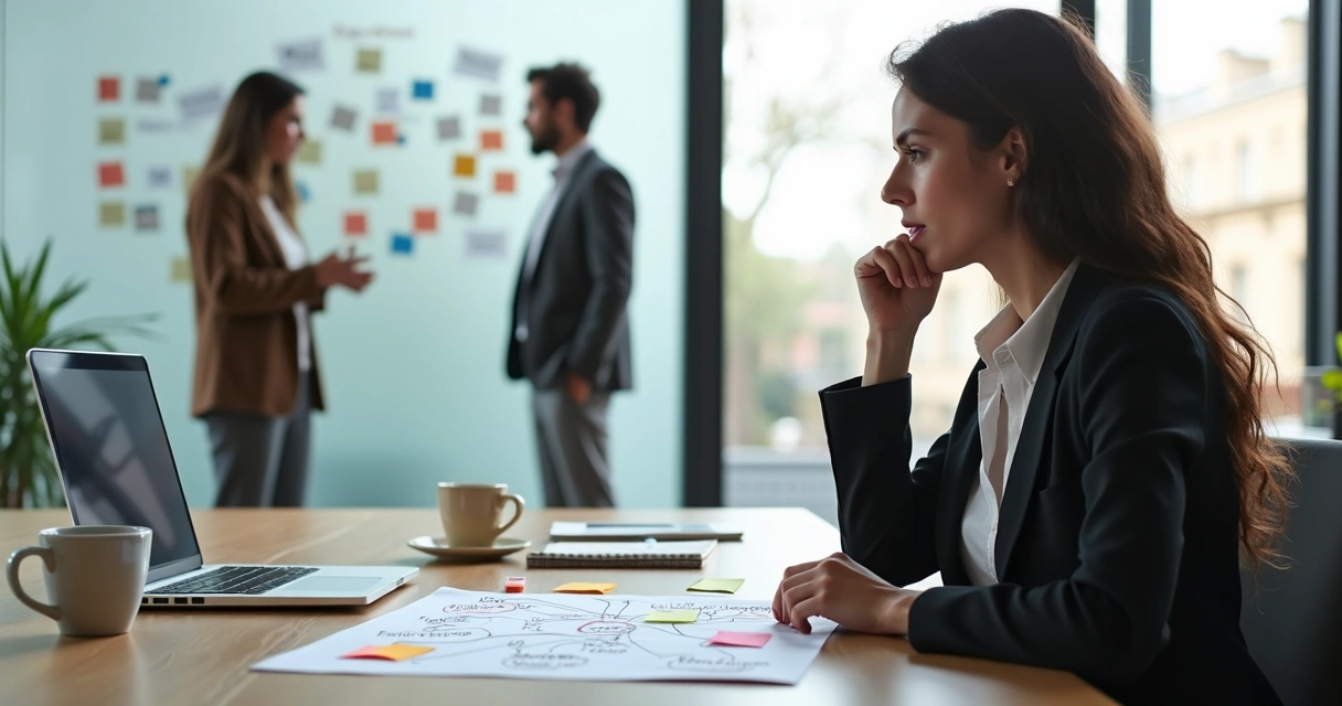 Profissional analisando crenças limitantes em ambiente de trabalho moderno 