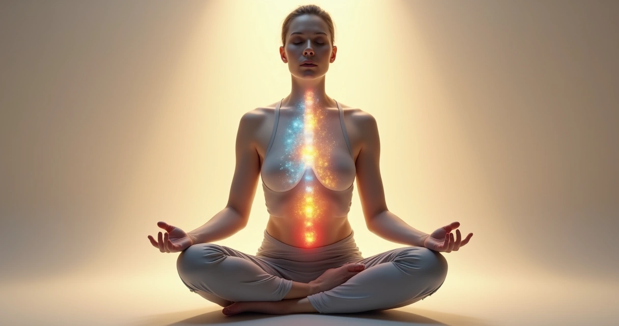 Pessoa em posição de meditação com silhueta do corpo destacando pontos de emoções 