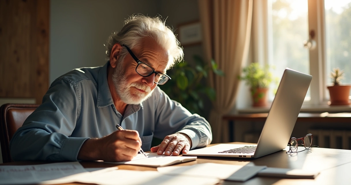 Pessoa mais velha, sentada à mesa, fazendo anotações em caderno com notebook aberto ao lado 
