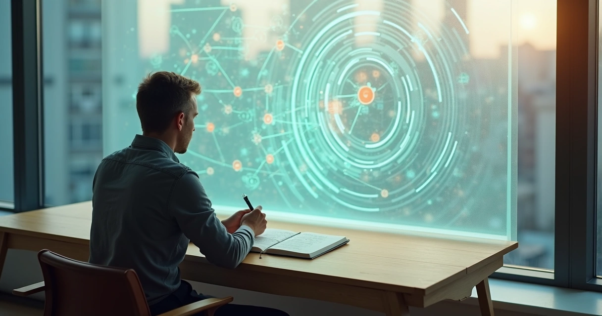 Pessoa observando padrões emocionais em um painel com linhas e círculos coloridos 