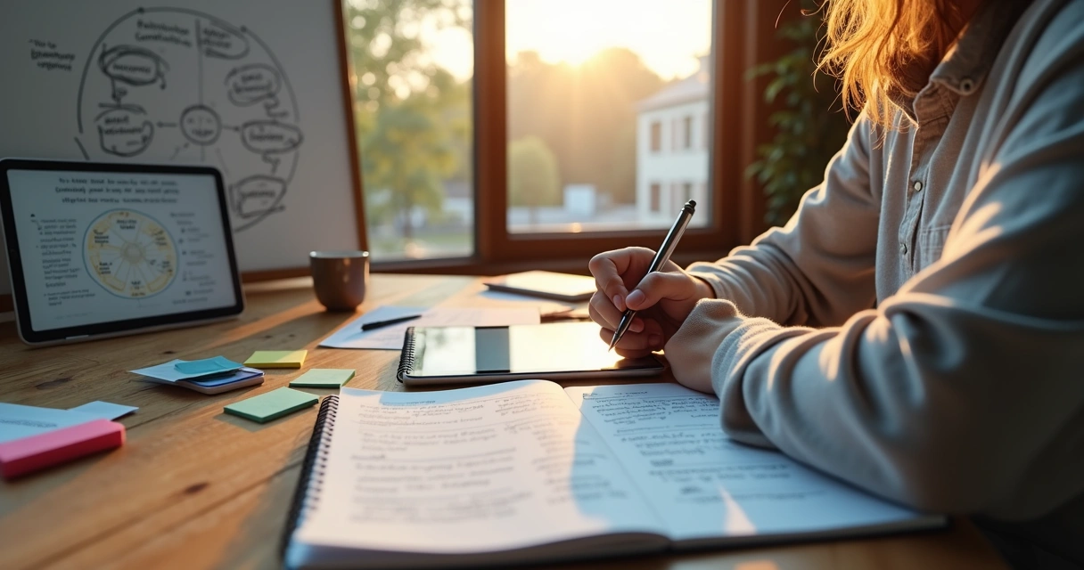 Pessoa refletindo sobre propósito de vida com caderno e símbolos de diferentes áreas da vida ao redor 
