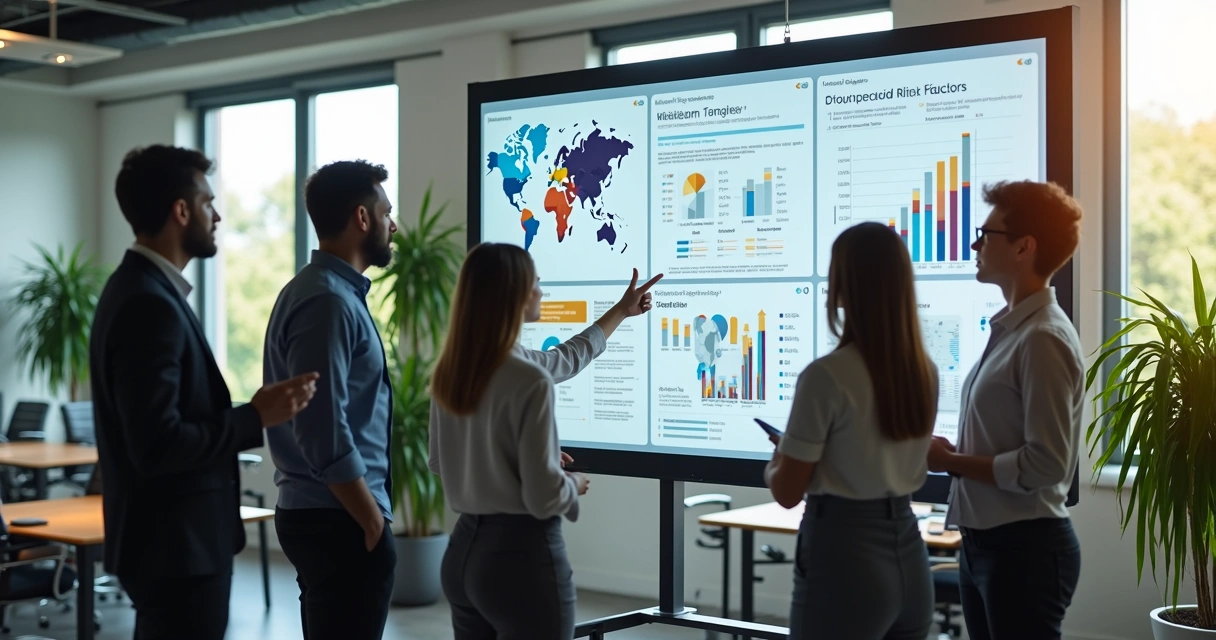 Equipe de trabalho analisando dados de riscos psicossociais em dashboards visuais em escritório moderno