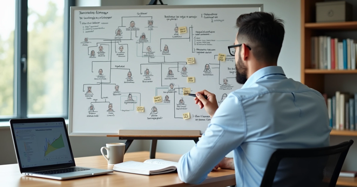 Profissional diante de quadro conectando família e carreira 