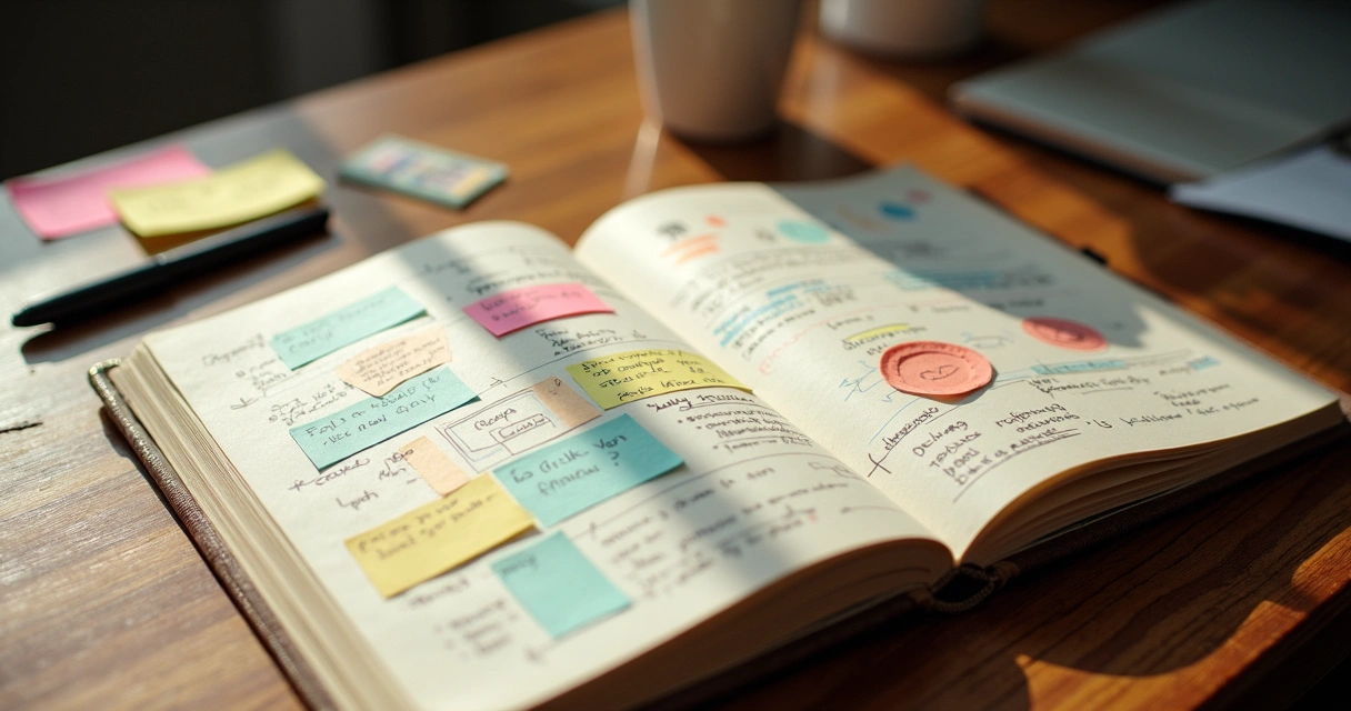 Cuaderno abierto con gráficos y esquemas de cambios personales