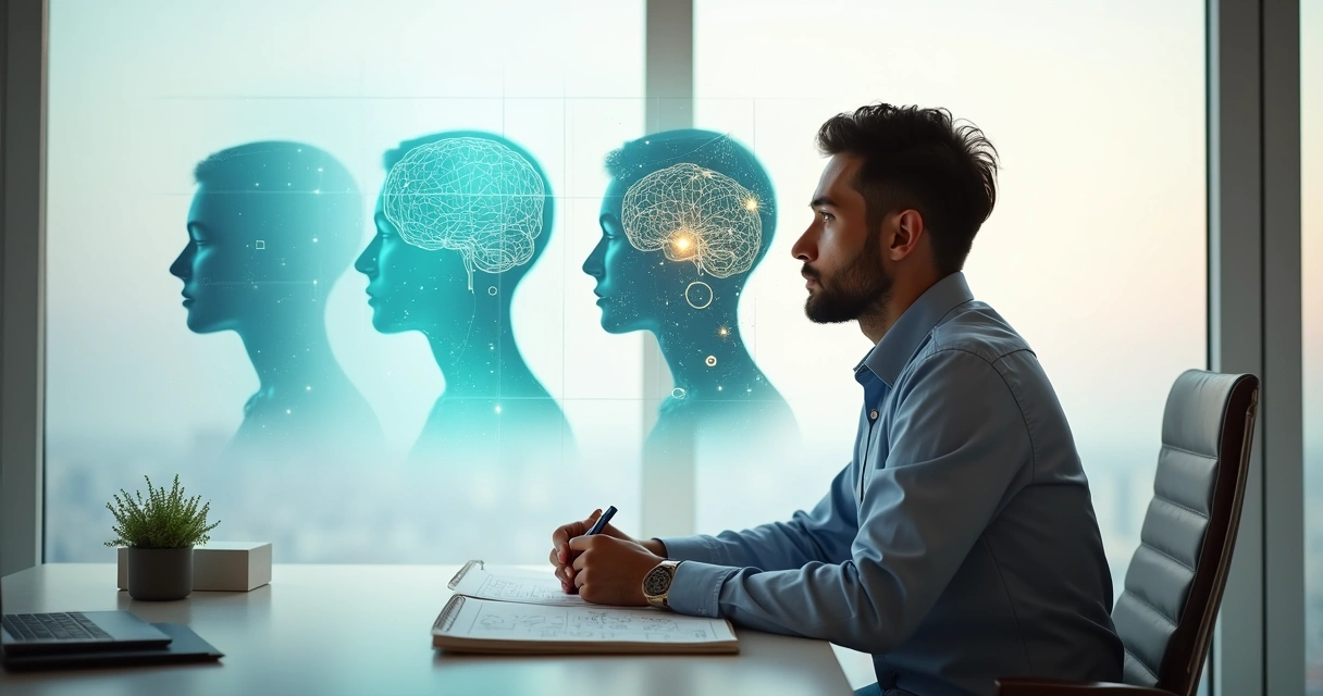 Person observing overlapping transparent profiles connected by tangled and aligned lines 