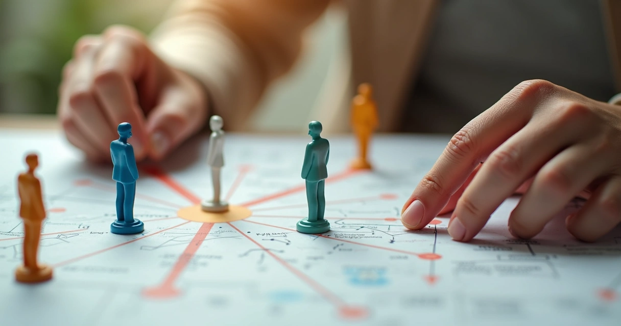 Hands adjusting systemic mapping figures for emotional exploration 