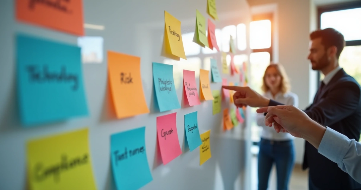 Notas coloridas em um quadro branco com palavras como risco, compliance e tecnologia 