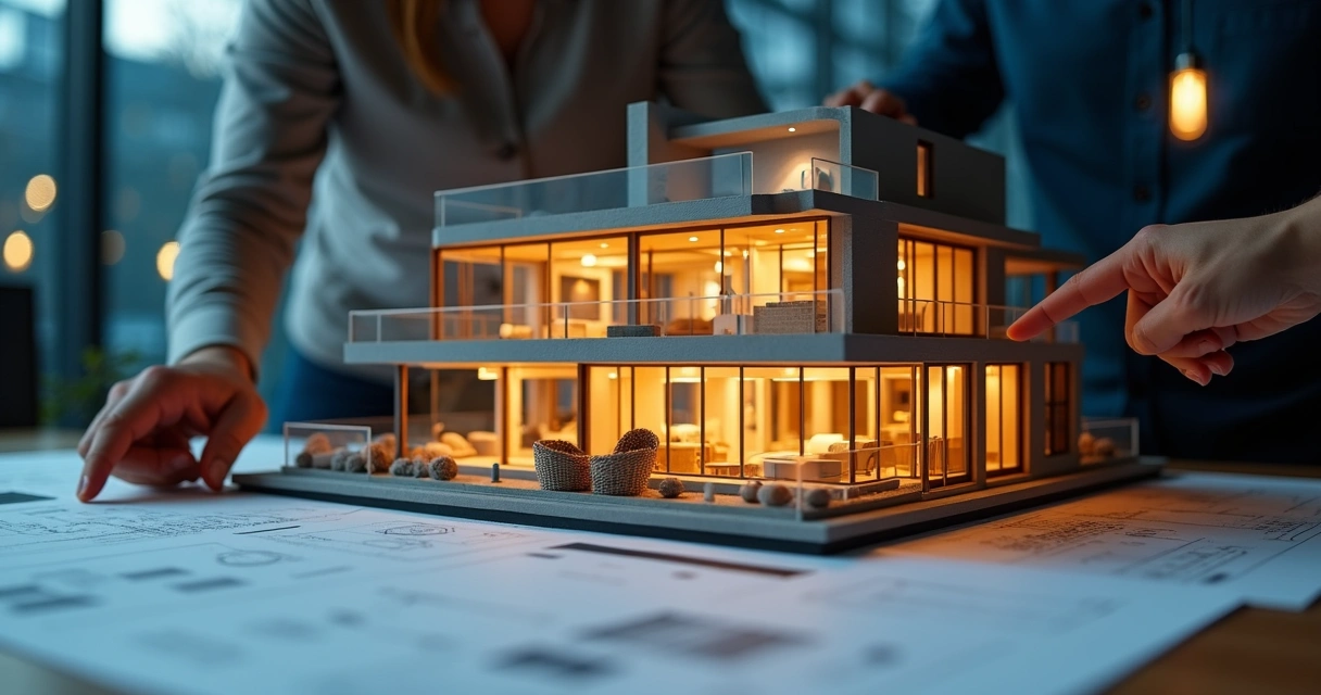 Maquete de apartamento em planta com luzes e documentos ao lado 