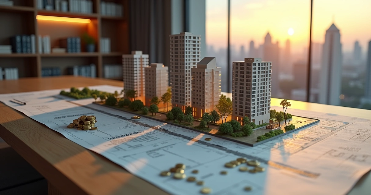 Maquete de cidade brasileira com moedas douradas representando pagamento de outorga onerosa 