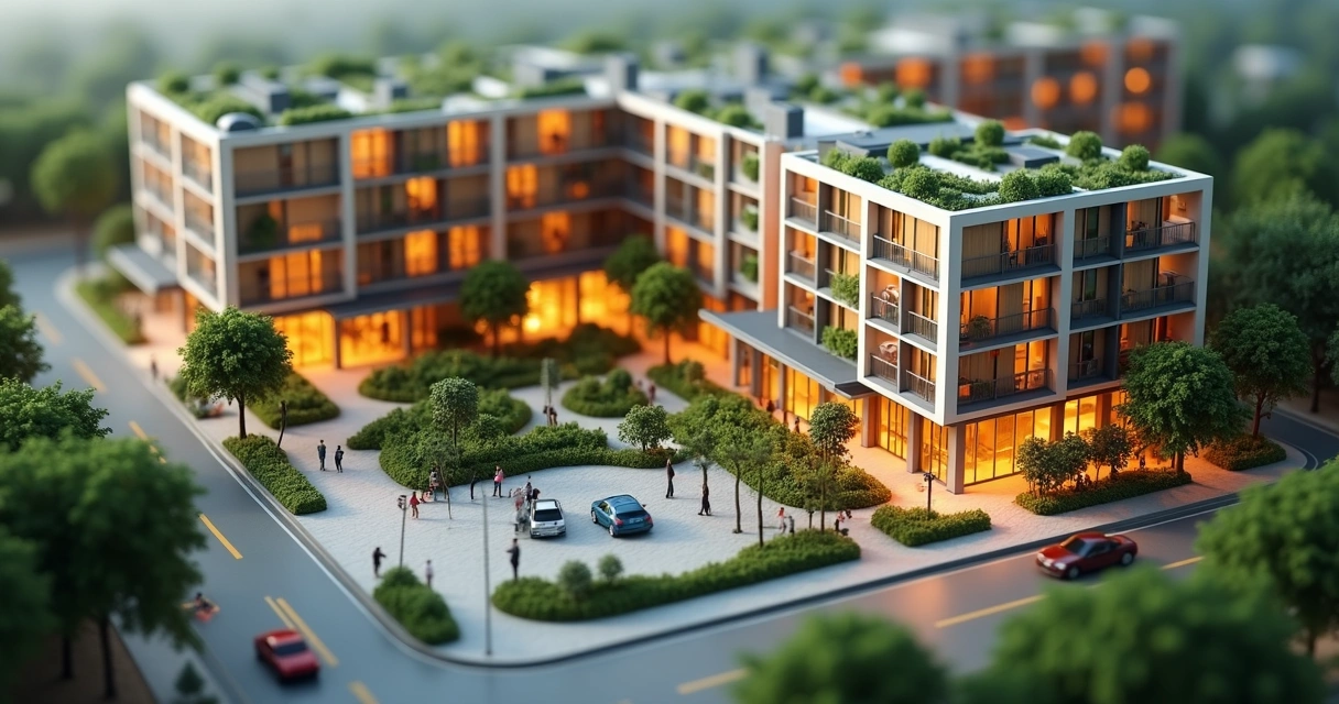 Maquete detalhada de condomínio dentro de um stand de vendas 