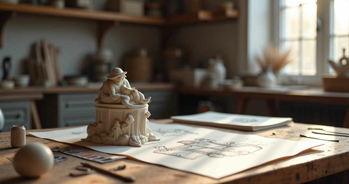 Maquete de escultura empresarial em ambiente de ateliê artísitico 