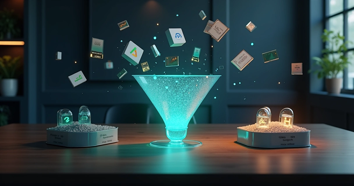 Miniaturas de anúncios digitais entrando em funil iluminado que distribui leads qualificados em uma mesa de trabalho 