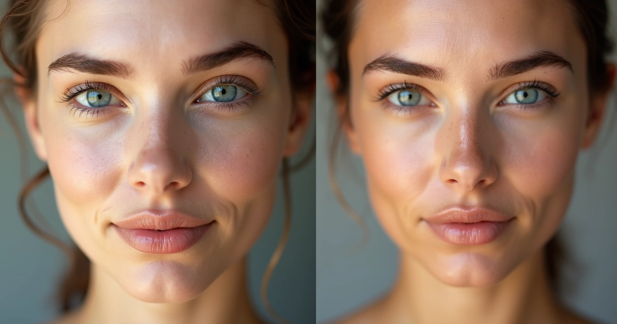 Comparação de maquiagem para pele oleosa e pele seca, mostrando texturas diferentes em dois rostos 