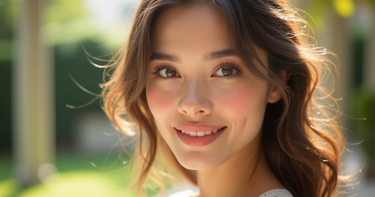 Mulher com maquiagem leve e natural, iluminada pela luz do dia, com detalhes em tons pastéis no rosto e cabelo solto ondulado em ambiente externo claro 