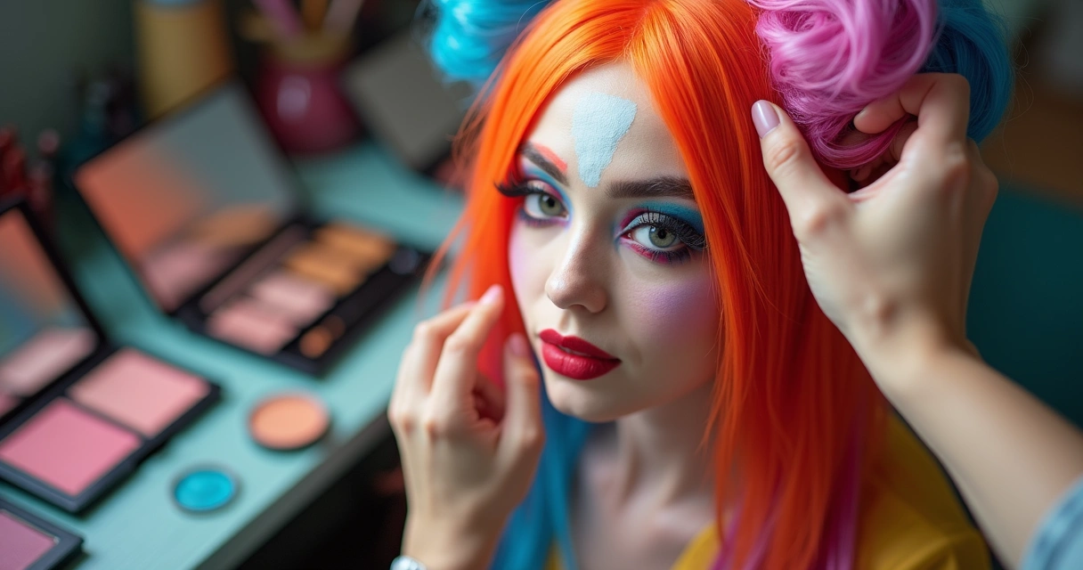 Manos maquillando rostro para cosplay con peluca brillante sobre mesa llena de cosméticos 