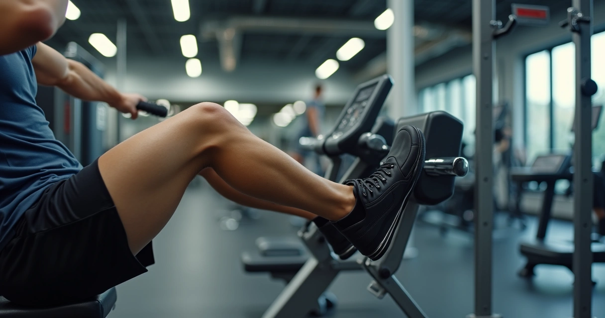Pessoa utilizando leg press em máquina moderna de academia, foco no movimento das pernas