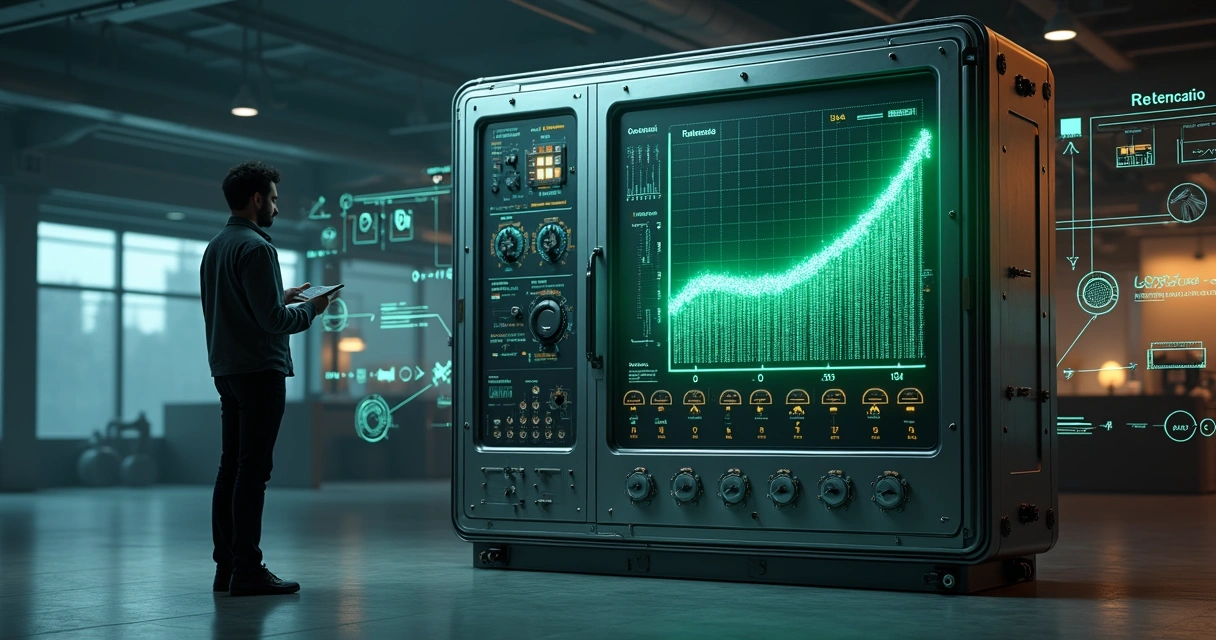Engenheiro ajustando alavancas de crescimento em máquina futurista de SaaS 