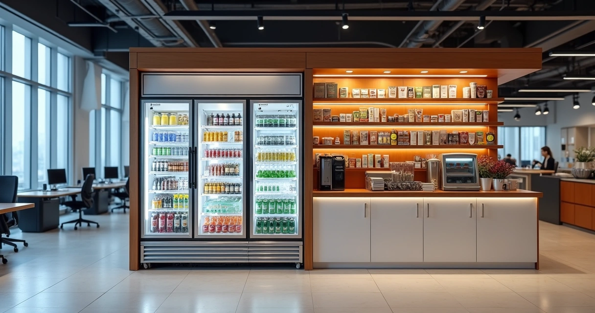 Espaço corporativo com bebidas frias e quentes disponíveis 