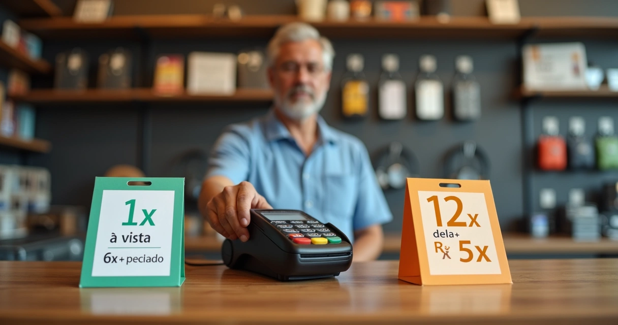 Pequeno lojista segurando maquinininha de cartão entre cartaz à vista e parcelado 