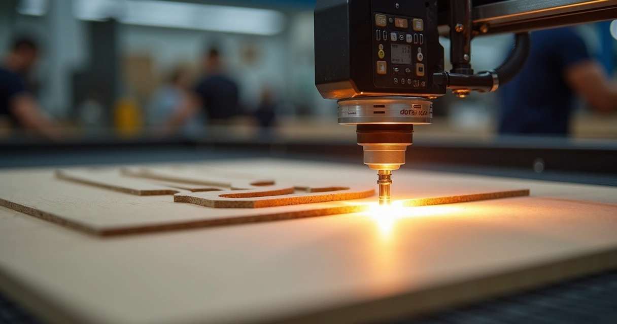 Máquina industrial de corte a laser trabalhando em chapa de MDF para produção de display personalizado em ambiente de fábrica com detalhe em acabamento preciso 