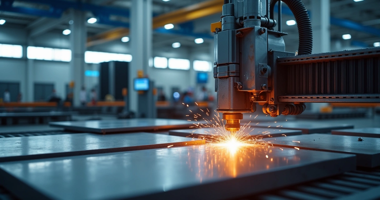 Máquina de corte a laser operando chapas metálicas em ambiente industrial moderno 