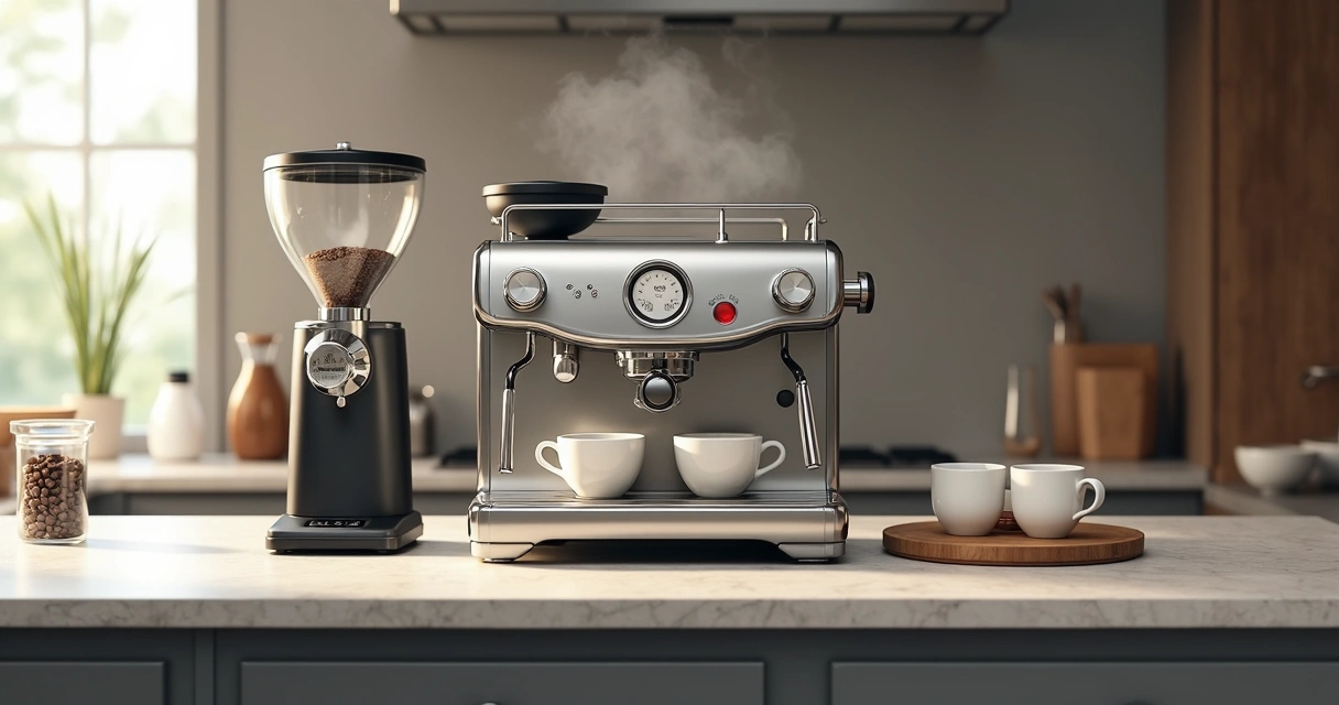 Máquina de espresso premium com moedor ao lado em bancada de café 