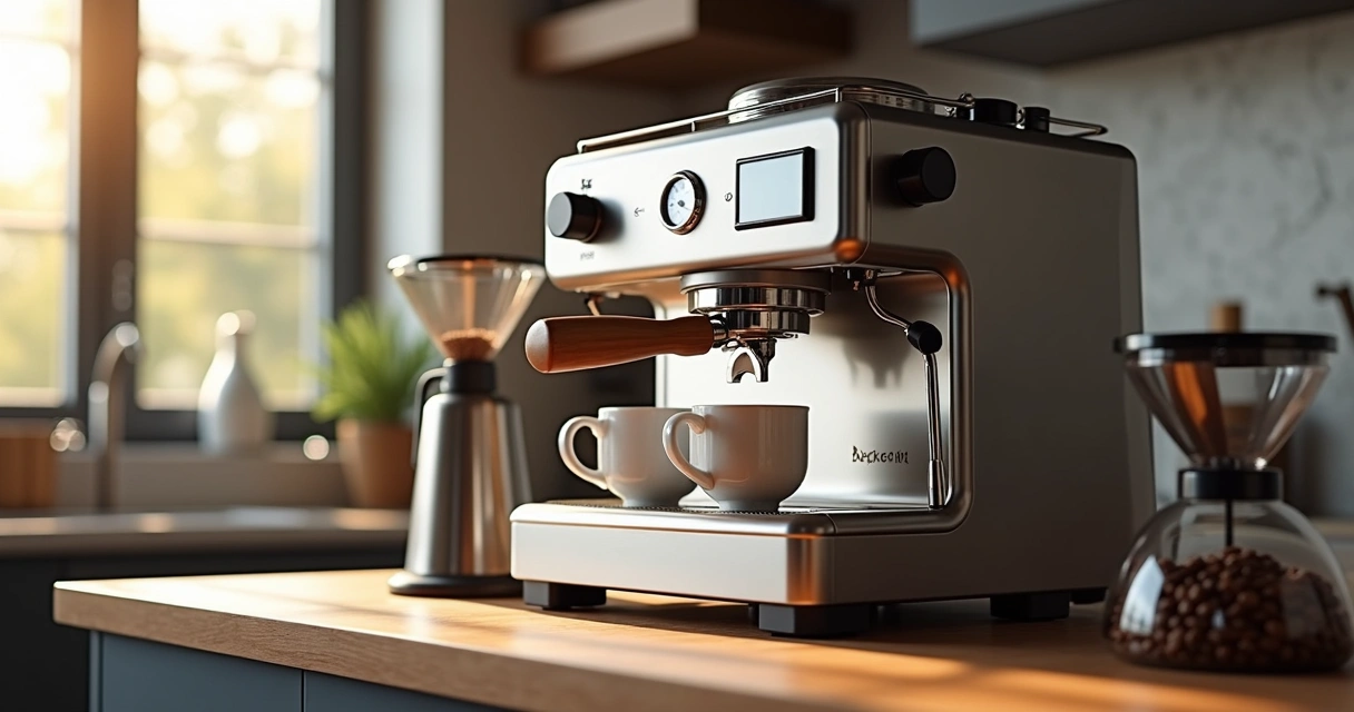 Máquina de espresso premium em bancada com acessórios de café