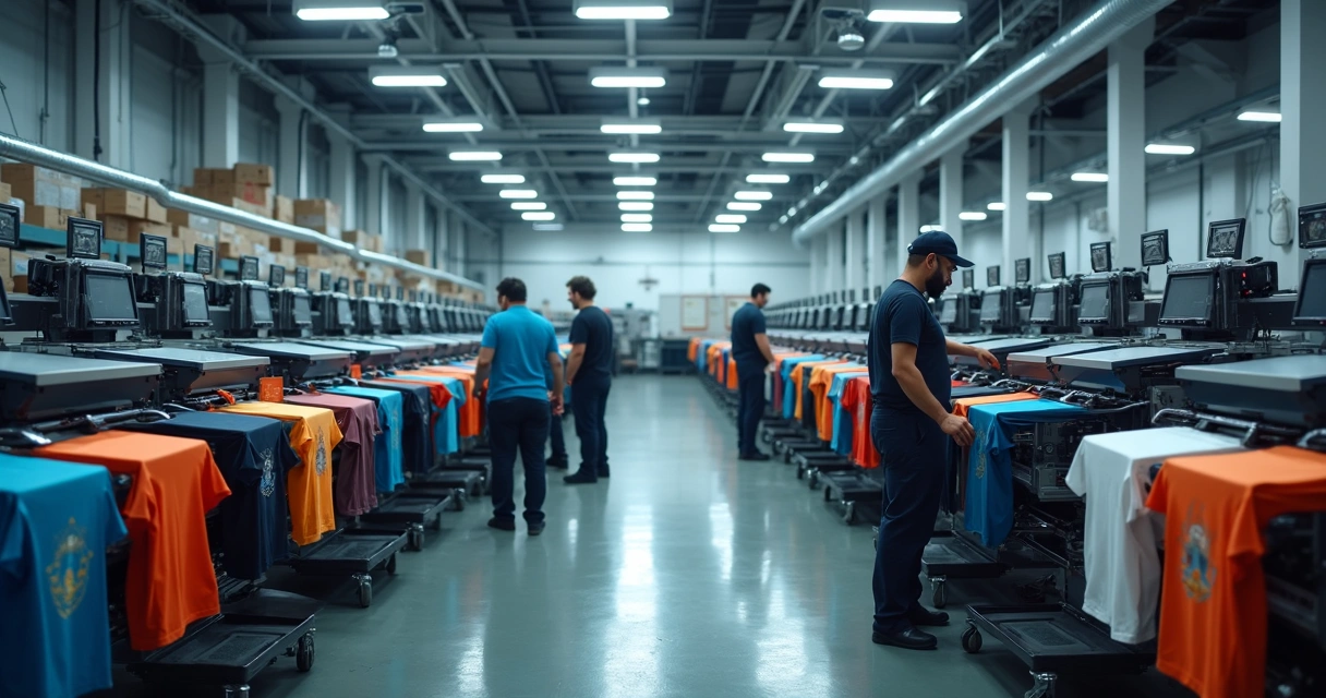 Máquina e operários em estamparia de camisetas personalizada 
