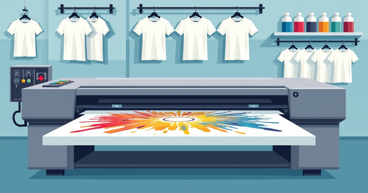 Máquina industrial moderna de estamparia operando em camisetas brancas 