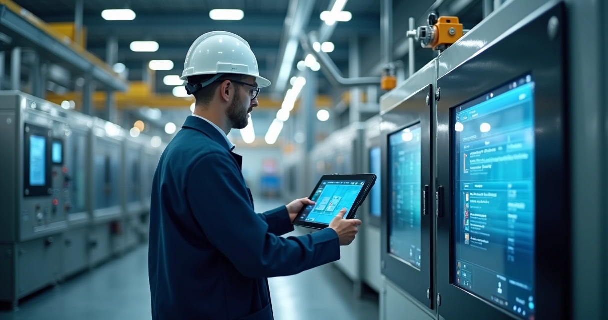Operador controlando máquina industrial por tablet 