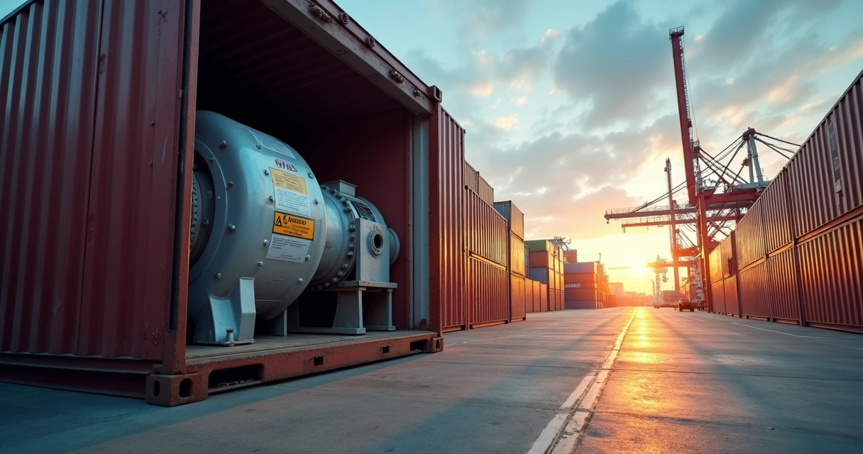 Máquina industrial em contêiner no porto de carga 