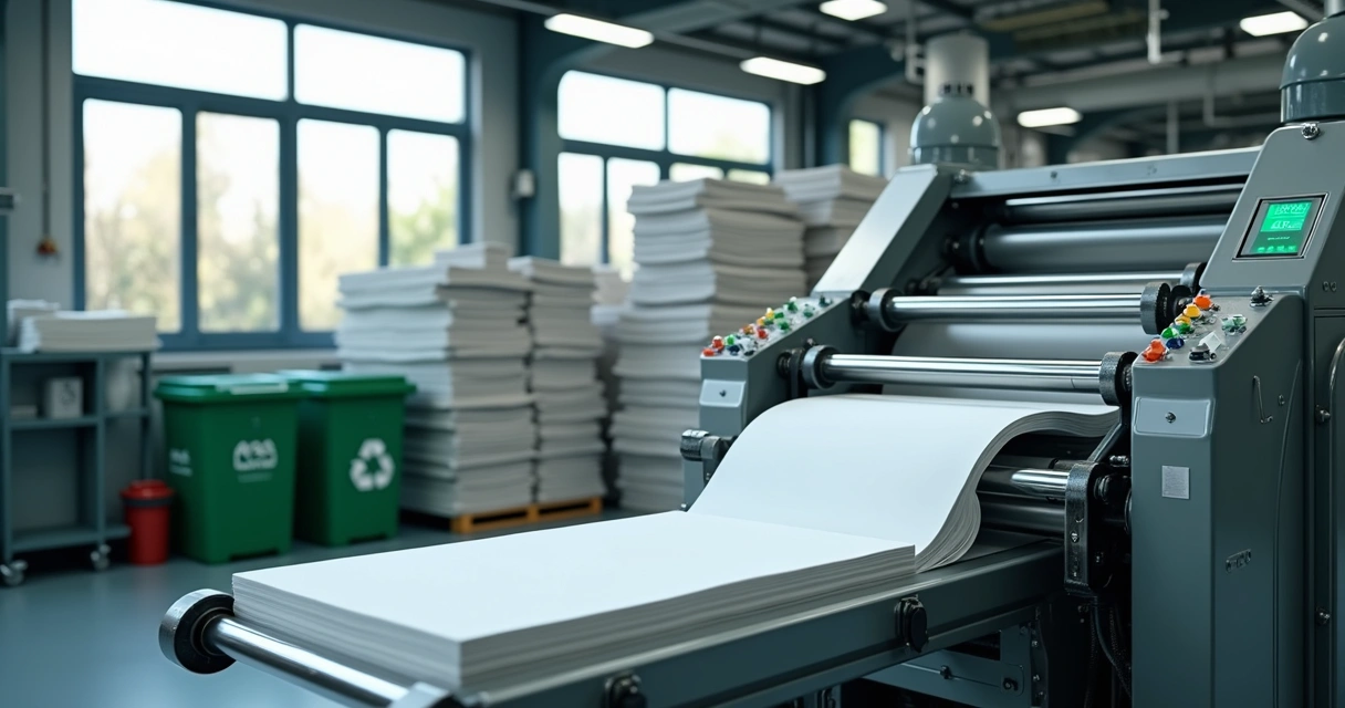 Máquina industrial moderna processando papel para reciclagem em ambiente fabril limpo e iluminado 
