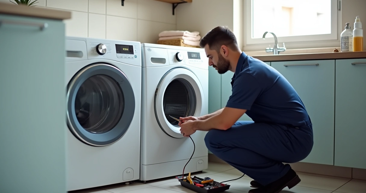 Técnico revisando máquina lava e seca que não liga em área de serviço residencial 