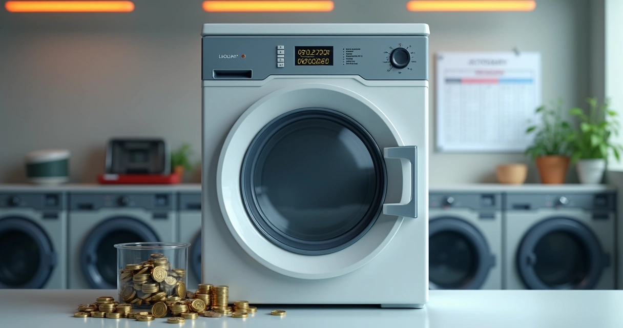 Máquina de lavar roupa em lavanderia de autoatendimento com painel digital e moedas acumuladas 