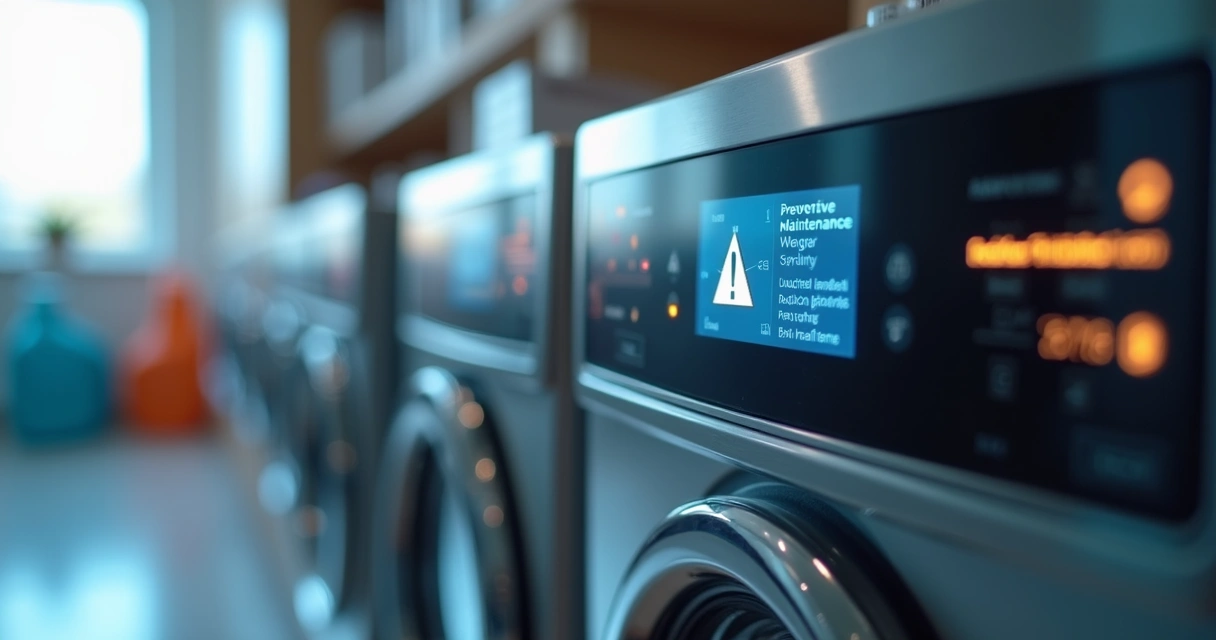 Painel digital de lavadora mostrando alerta de manutenção 