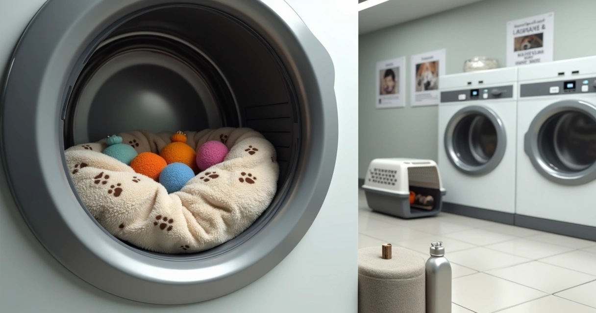 Máquina de lavar com manta de cachorro sendo higienizada 