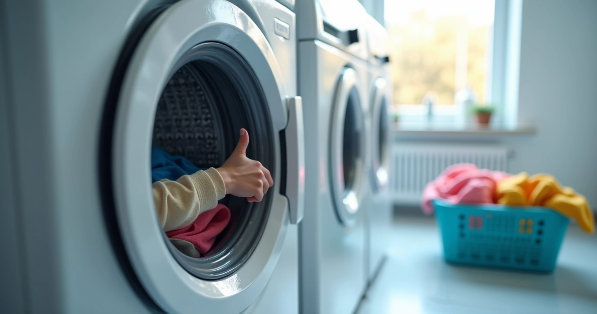 Máquina de lavar moderna exibindo painel com botão de ciclo rápido e roupas leves ao redor