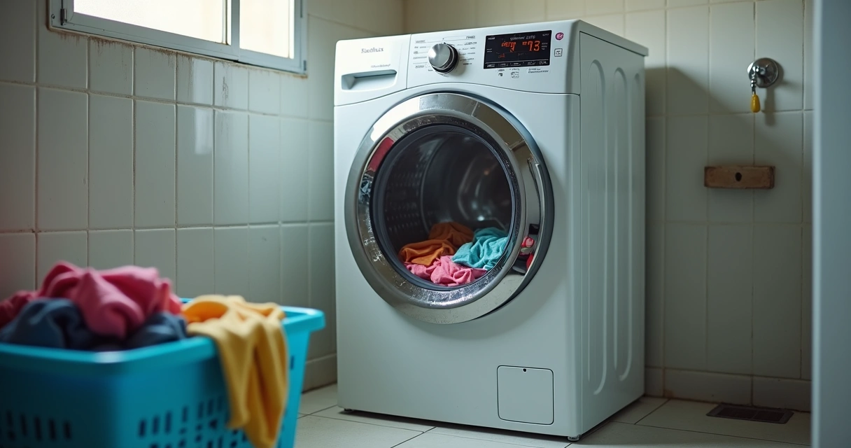 Máquina de lavar Electrolux parada com cesto cheio de roupas molhadas na área de serviço 