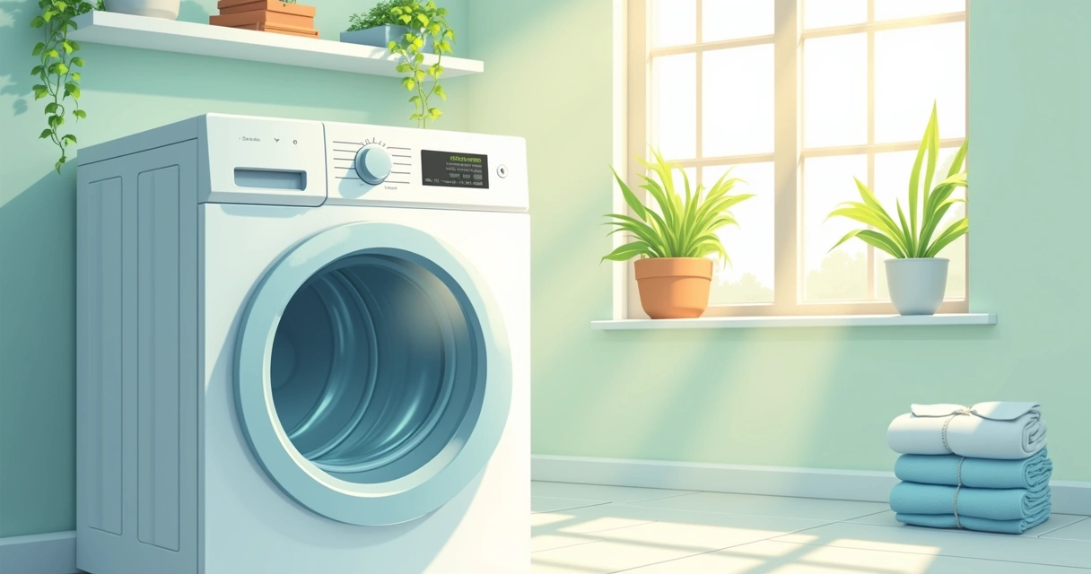 Máquina de lavar roupa em lavanderia arejada com sol 