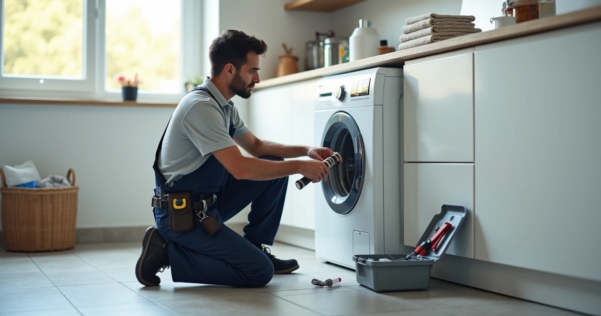 Técnico verificando vazamento em máquina de lavar roupas doméstica 