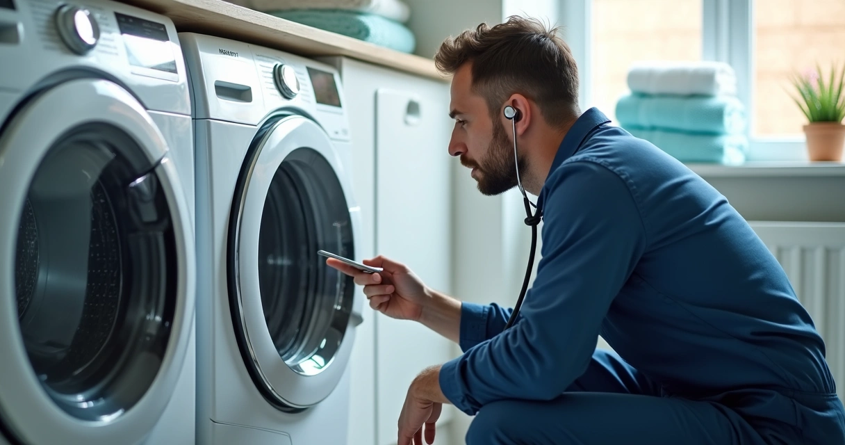 Técnico examinando máquina de lavar barulhenta 