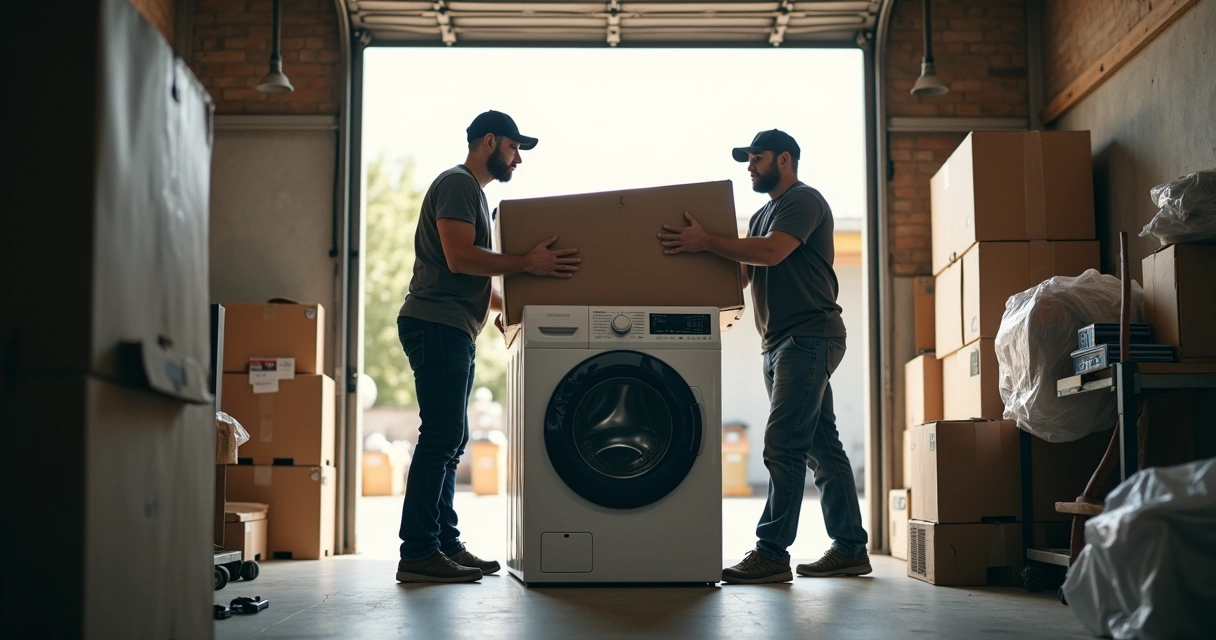 Técnicos embalando máquina de lavar para transporte 