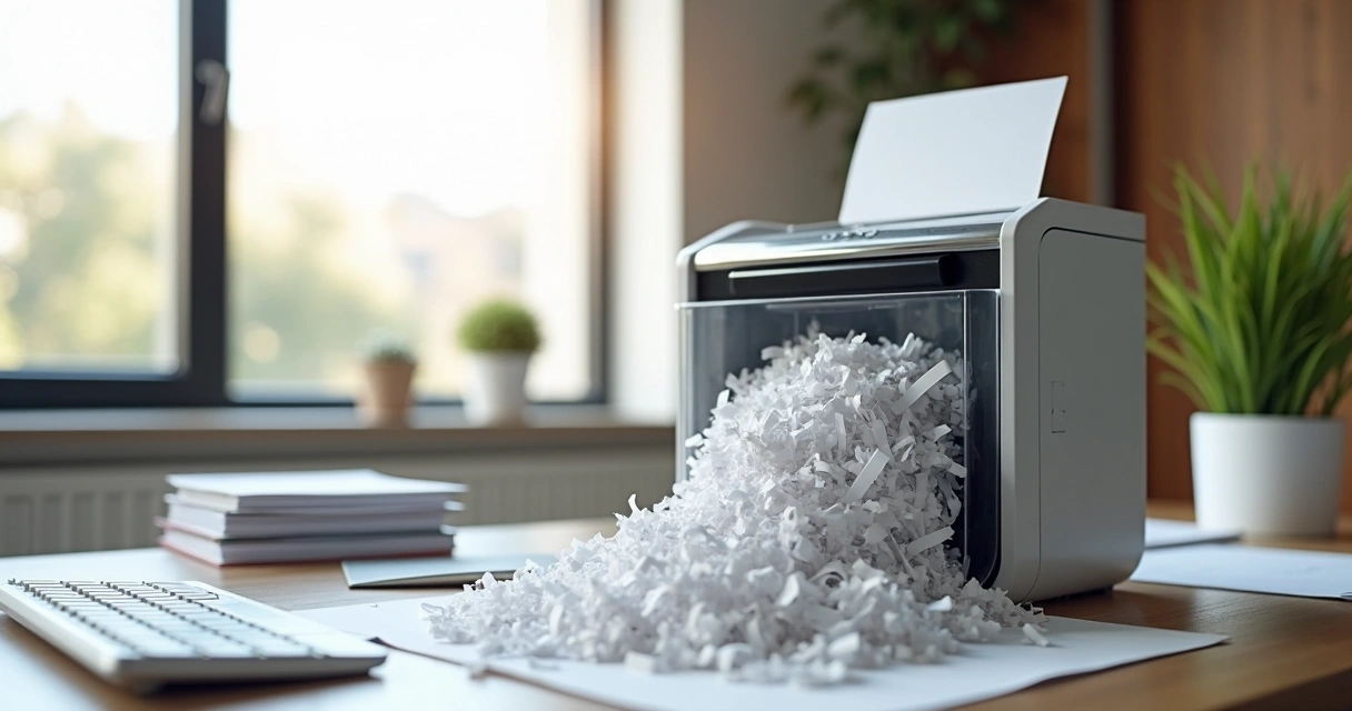Máquina de trituração de papel em funcionamento em escritório organizado 