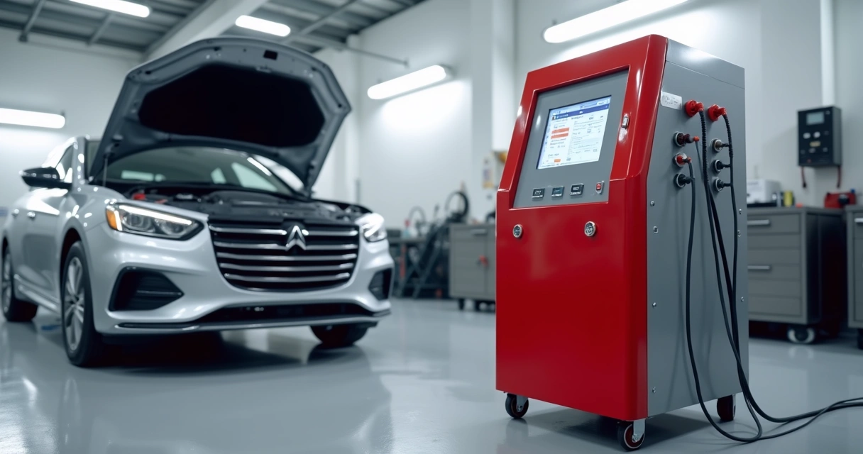 Máquina de troca de fluido MAH-4001 ligada a veículo em oficina automotiva profissional 