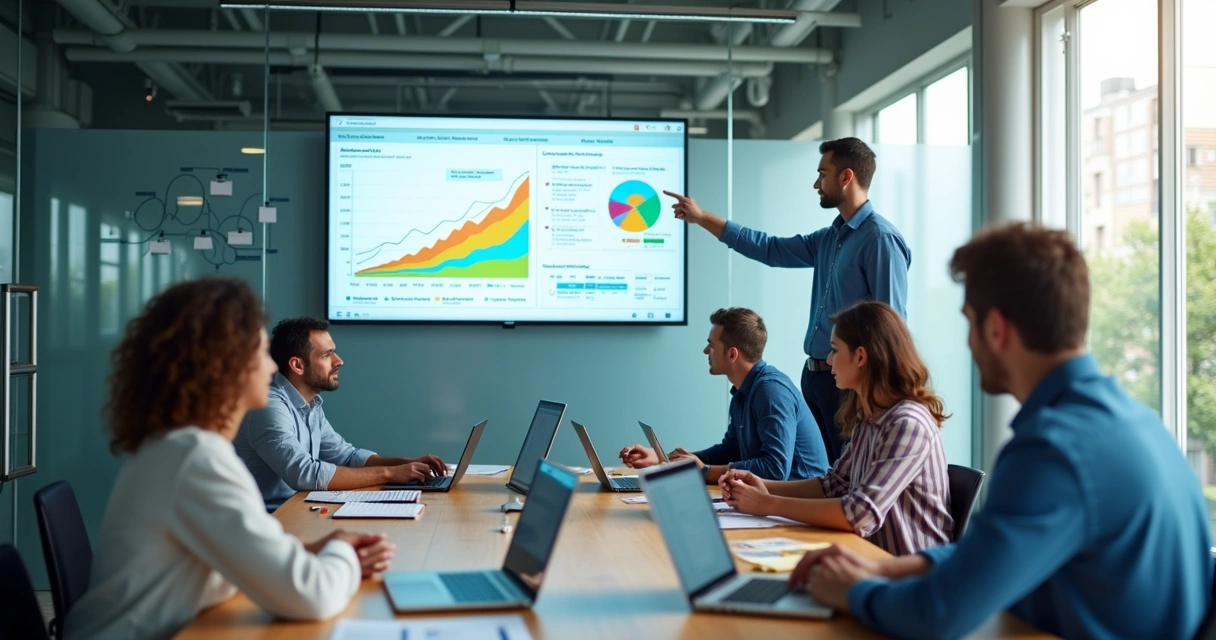 Gestor observando painel de vendas organizado em tela grande com equipe reunida 