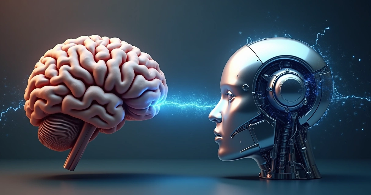 Cerebro humano y máquina conectados visualmente 