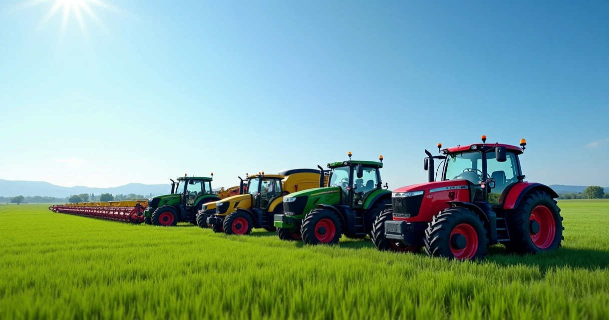 Máquinas agrícolas novas alinhadas no campo 